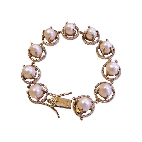 18k Gold Sterling Silver Genuine Diamond & Pearl Bracelet.